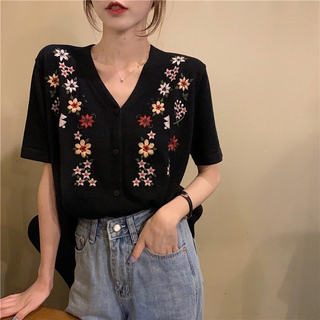 Summer small fragrance V-neck embroidery ice silk thin short sleeve BM knitted cardigan women's Embroidery foreign style jacket