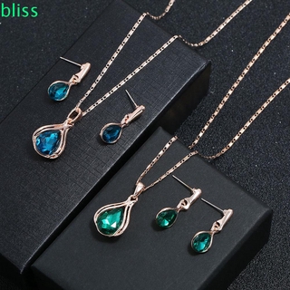 BLISS Elegant Charming Pendant Luxury Necklace Drop Earrings Green Blue Red Color Water Drop 3PCS / Set Fashion Accessories Charming Pendant Crystal Jewellery Set/Multicolor