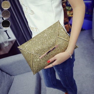 Simple Fashion Women Envelope Clutch Bag Solid Color Leather Glitter Purse Party Delicate Handbag La