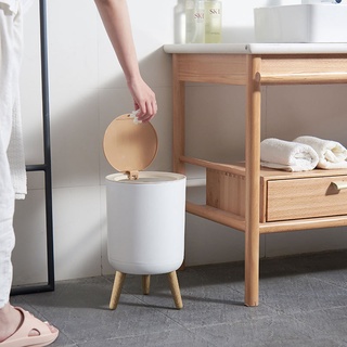 Nordic Minimalist White & Wood Large Capacity Living Room Bedroom Bathroom Press Aesthetic Trash Can (2)