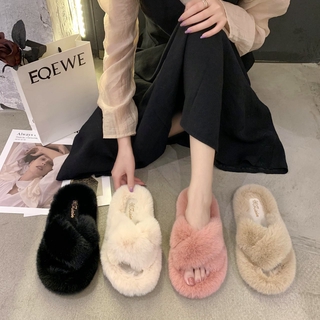 Furry slippers women's autumn 2020 new cross-thickness imitation rabbit fur flat-bottom casual wear (3)