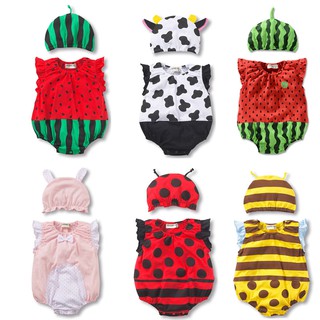 Baby Bodysuit + Hat Summer Baby Boy Girls Watermelon Strawberry Ladybug Jumpsuit Cotton Infant