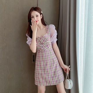Cheongsam elegant plaid dress new retro square collar puff sleeve temperament dress women (1)
