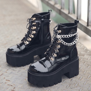 BootsWomen Gothic Ankle Boots Zip Punk Style Platform Shoes Goth Winter Lace-up Booties Chunky Heel