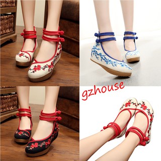 GAHOUSE Size 35-40 Women Floral Embroidered Slip-on Wedge Round Toe Shoes