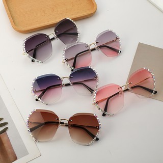 Stylish lady diamond decorated sunglasses/Rimless glasses/New Korean glasses/Polygonal sunglasses
