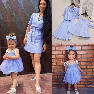 Mother and Daughter Stripe Dress Matching Women Kid Girls Casual Family Clothes jqP