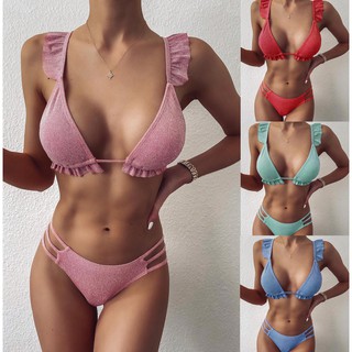 Ruched Padded Straps Bandage Women Bikini Sets Shiny Fabric Ladies Bikinis Swimwear Z18