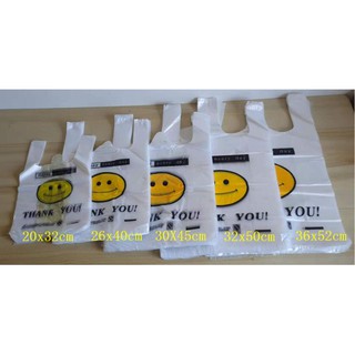 100pcs Plastic Shopping Bag Thank You Smiley Print with Handle