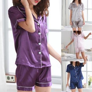 Shorts Satin Pj-Sleeved Shorts Suit Home Service Sleepwear Pajama Notch Collar (1)