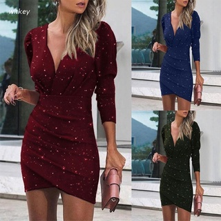 WIT Women Sexy Deep V Neck Glitter Shiny Printed Bodycon Mini Dress Split Ruched Wrap Hip Package Long Sleeve Solid Color Party Clubwear
