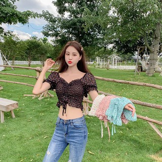 ✨✨✨Women Fashion Korean Tops Small Floral Print Sexy Sweet Chiffon Puff Sleeve Crop Top Square Collar Oversized Shirt Pleated Short Croptop Chiffon Blouse pleated Tops (1)