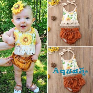 ✿ℛNewborn Baby Girl Summer Outfits Sleeveless Backless Sunflower Halter Tassel Tops + Polka Dot
