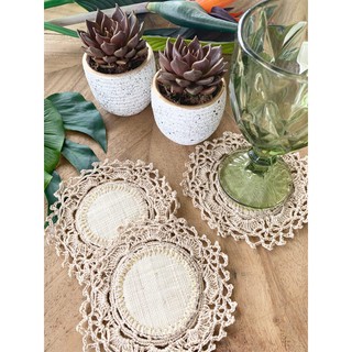 Raffia crocheted S/6 pcs glass coasters- beige (CODE FOR COASTERS ONLY)