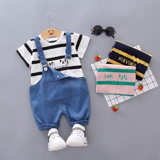 [Superseller] Kids Baby Boys Short Sleeve Stripe Letter Print Shirt Denim Suspender Pants Outfits Sets 0-4 Years Old