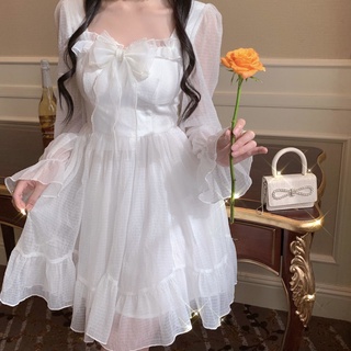 French sweet first love fairy skirt 2021 autumn avatar bow waist slim princess wind long dress