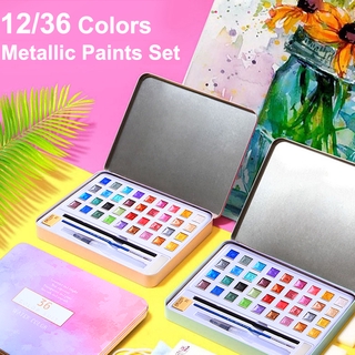 12/36 Colors Metallic Glitter Solid Watercolor Paint Pearlescent Pigment Artist Brush Set Art Supplies (1)