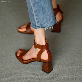 ⊙☾2021 new summer retro brown high-heeled sandals female buckle open-toe mid-heel thick-heeled Roman sandals female (1)