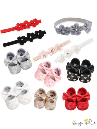 ♛loveyourself1♛-Baby Baptism Shoes and Headband Set, Cute Heart Princess Dress Shoes and Flower Hairband for Infant Newborn Girls