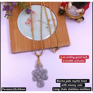 burma jade mystic knot with money coin stainless long chain necklace