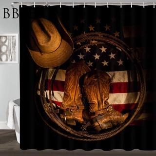 Western Shower Curtain American Flag with Cowboy Boots Rope and Cowboy Hat Waterproof Multi-size Printed Cortina De Bano