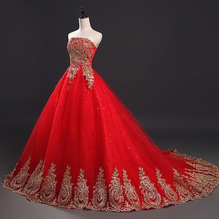 Lace Red Wedding Dresses Women Fashion Elegant Ball Gown