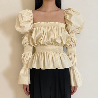 Korean-Style chic Elegant Square Collar off-Shoulder Back Lace-up Cutout Pleated Waist Tight Ruffled Flared Sleeve Shirt for Women