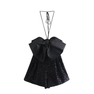 French Retro 2022 Spring New Style European American Women's Sequin Decoration Bow Jumpsuit9311048 88