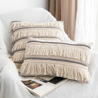 【Ready stock】Boho Pillow Case Cushion Cover Fronha Cotton Linen Back Support Pillowcases Decorative Macrame Tassel Home Office Pillows Covers (1)