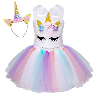 Girls Rainbow Unicorn Tutu Dress Princess Halloween Tulle Costumes with Headband Christmas Cosplay Birthday Gift (1)