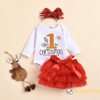 WHISPERS-0-24 Months Baby Girl My First Christmas Outfits Set, Long Sleeve Romper + Tutu Skirt + Bow Headband 3Pcs Clothes Set