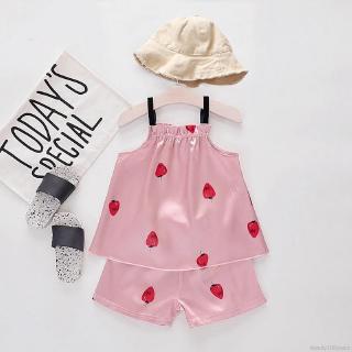 Baby Kids Girls Strawberry Pattern Sling Outfits Set Short Sleeve Blouse Tops+Shorts Sleepwear Pajamas Beauty100