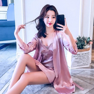 Sexy pajamas women summer bathrobe silk spring and autumn condole belt nightgown two-piece home suit ice silk nightgown