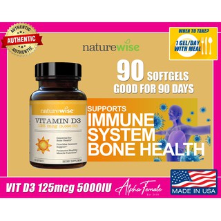 Naturewise Vitamin D3 125mcg 5000IU, Immune Support, Bone Health, Muscle Function, 90Gels, Exp 05/23
