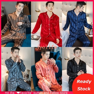 Male Silk Sleepwear Terno Pantulog Men Long Sleeves Long Pants Pajamas Nightwear Solid Color Pit