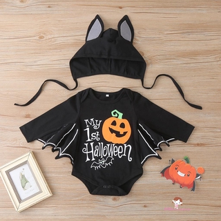 ❤XZQ-0-24 Months Baby Pumpkin Print Halloween Round-Neck Long Sleeve Romper and Hat