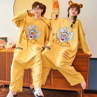 Oversized Couple Conjoined Pajamas Men Autumn Cartoon Pyjamas Long Sleeve Sleepwear Pure Cotton Nightwear Plus Size Baju Tidur Wanita