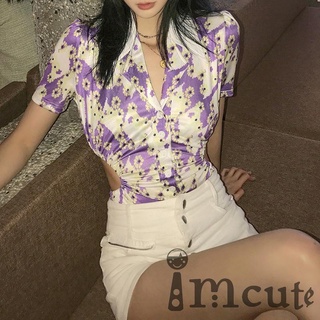 Imcute Women´s Floral Print Bodysuits, Sexy Short Sleeve Button Down Lapel V Neck Leotard Clothing