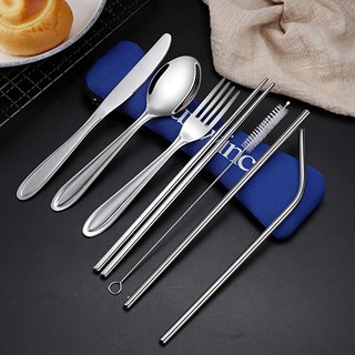 7 In 1 Portable Gold Cutlery Korean Spoon Fork Straw Set Stainless Steel With Chopsticks Travel Dinnerware Tableware Flatware