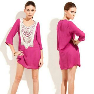🆓🚙 Hot Pink and White Lace Beach Dress Cover Up