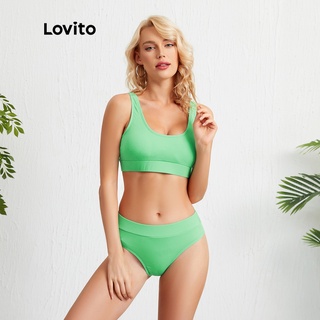 Lovito Plain Basic High Waist Comfortable Bikinis L09040 (Green)