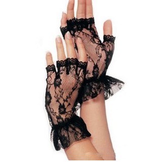Ladies Short Black Lace Fingerless Gloves Net Goth Gothic Fancy Dress Wedding