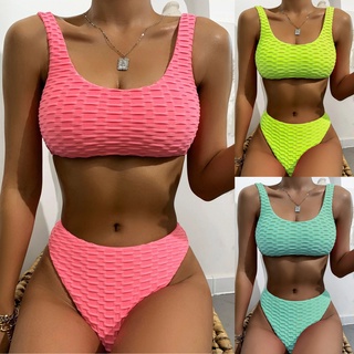 [Ladymiss] Women Sexy Solid Push Up High Cut Lace Up Halter Bikini Set Two Piece Swimsuit~SHEIN