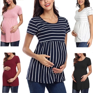 Ready Stock Women Pregnant Maternity crew-Neck short Sleeve stripe printing Tops T shirt