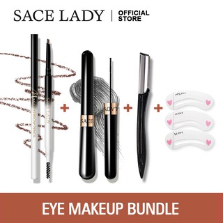 SACE LADY Eye Makeup Set Waterproof Mascara+Triangle Brow Pencil+ Eyebrow Razor+ Eyebrow Stencil 4 Pcs Set