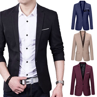 Men Slim Formal Business Suit Coat One Button Lapel Long Sleeve Pockets Top