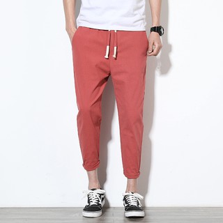 SUPER-M Mens Cotton Linen Solid Color Slim Fit Casual Pants