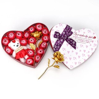 Artificial Flowers 18pcs Soap Rose with Bear & 24K Gold Foil Plated Rose in a Heart-Shaped Gift Box