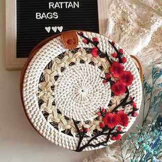 100% AUTHENTIC BALI RAT BAG, BRAIDED RED BLOSSOM PATCH round