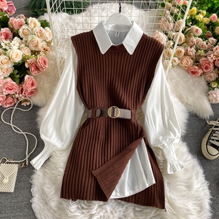 FRIGA Autumn and Winter Suit Women's New Korean Style Slimming Mid-Length Shirt Lace-up Waist Trimming Knitted Two-Piece Vest Set Casual Dresses (1)